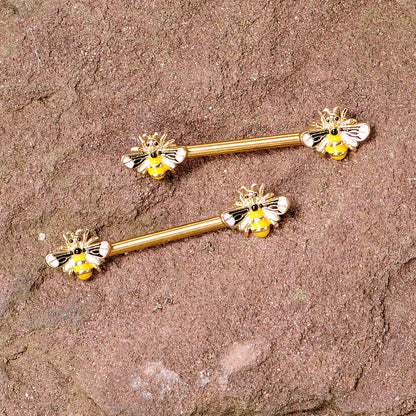 14G 9/16 Gold Tone Yellow Pink Bee Barbell Nipple Ring Set