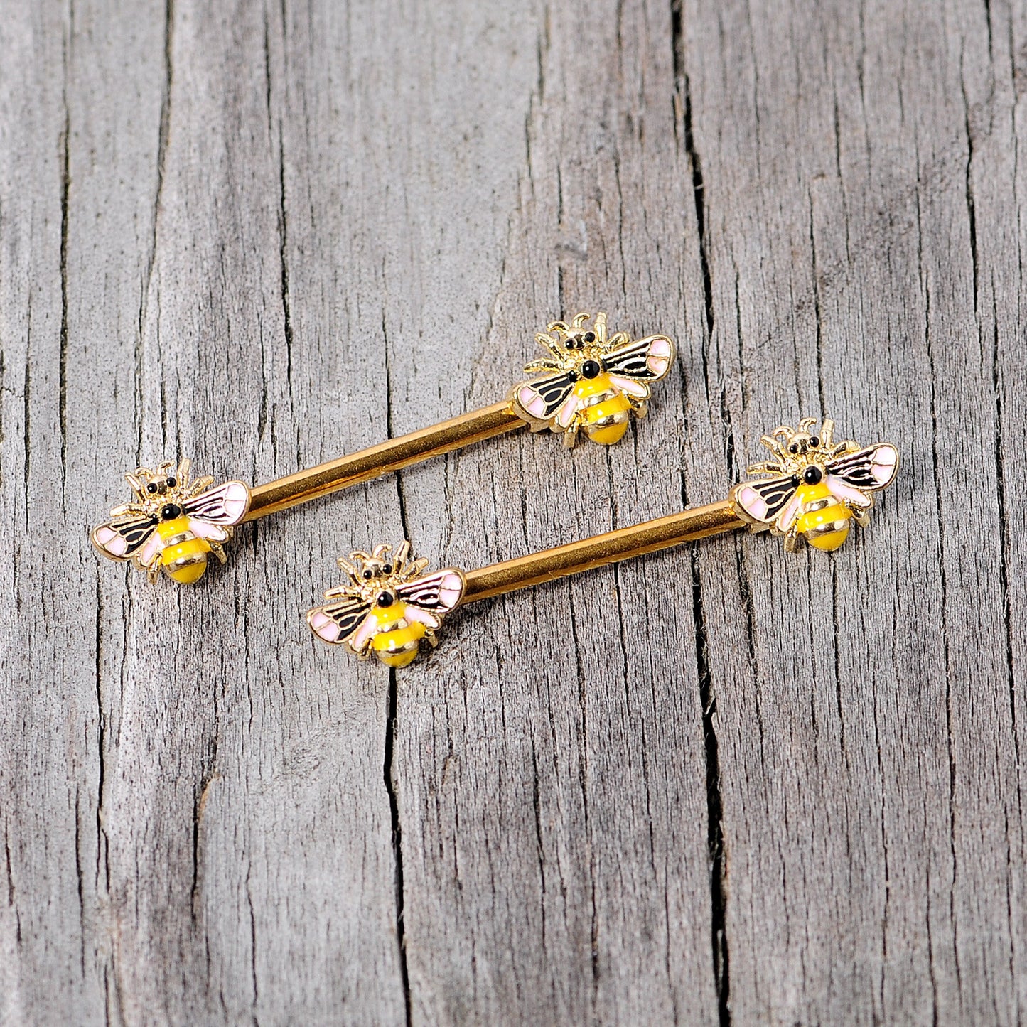 14G 9/16 Gold Tone Yellow Pink Bee Barbell Nipple Ring Set