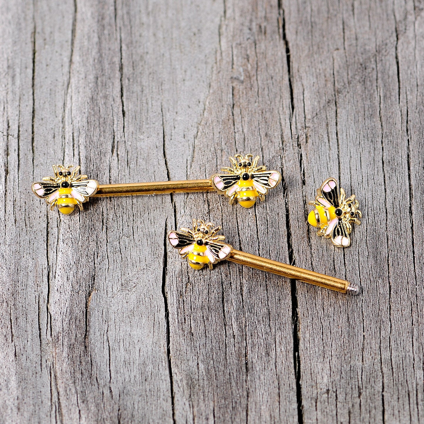 14G 9/16 Gold Tone Yellow Pink Bee Barbell Nipple Ring Set