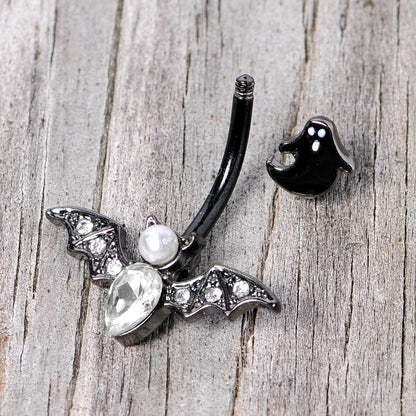 Clear Gem Black Ghost Vampire Bat Halloween Double Mount Belly Ring