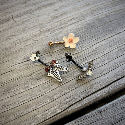 Black Skeleton Skull Rose Halloween Double Mount Belly Ring