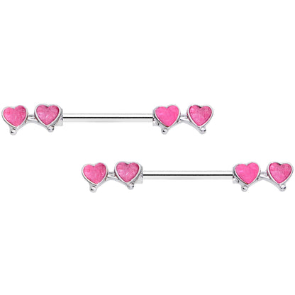 14G 9/16 Pink Double Hearts Barbell Nipple Ring Set