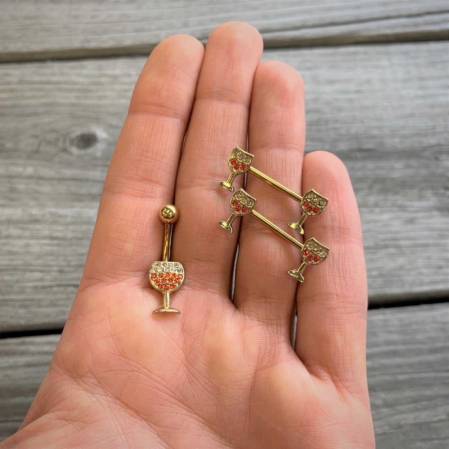 14G 9/16 Orange Gem Gold Tone Holiday Wine Nipple Ring Set