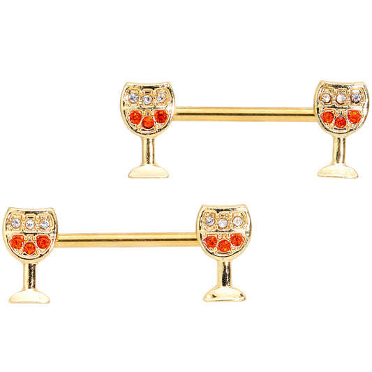 14G 9/16 Orange Gem Gold Tone Holiday Wine Nipple Ring Set