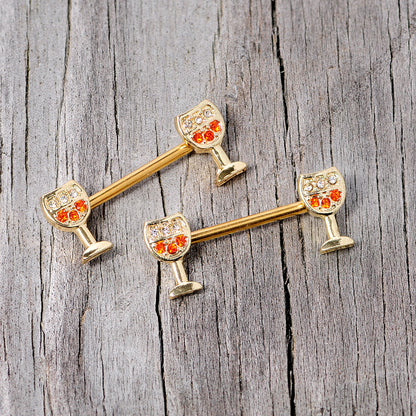 14G 9/16 Orange Gem Gold Tone Holiday Wine Nipple Ring Set