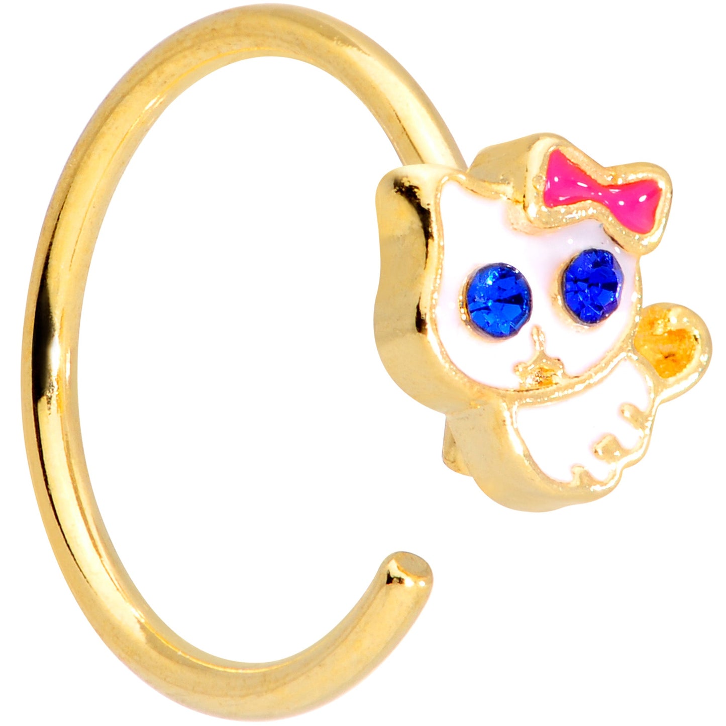 18G 3/8 Blue CZ Gem Gold Tone Sweet Kitty Cat Nose Hoop