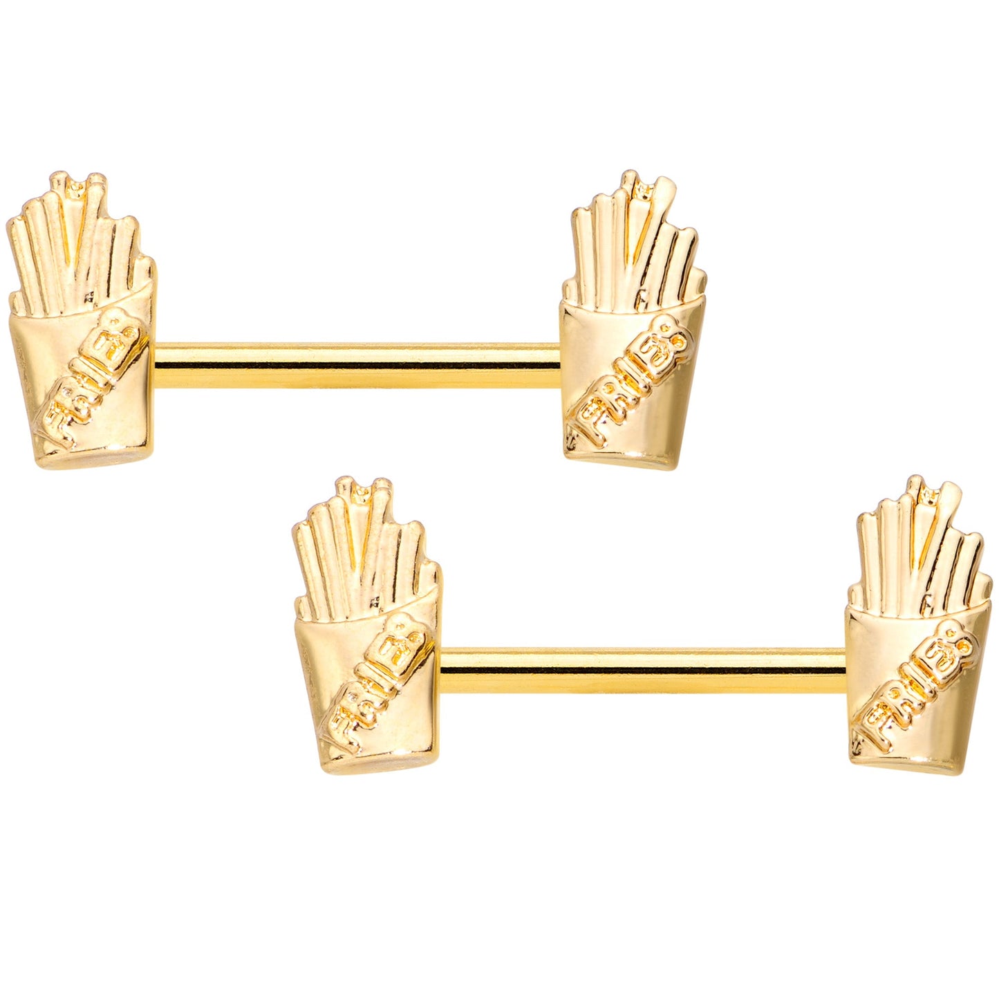 14G 9/16 Gold Tone Fast Food Fries Barbell Nipple Ring Set