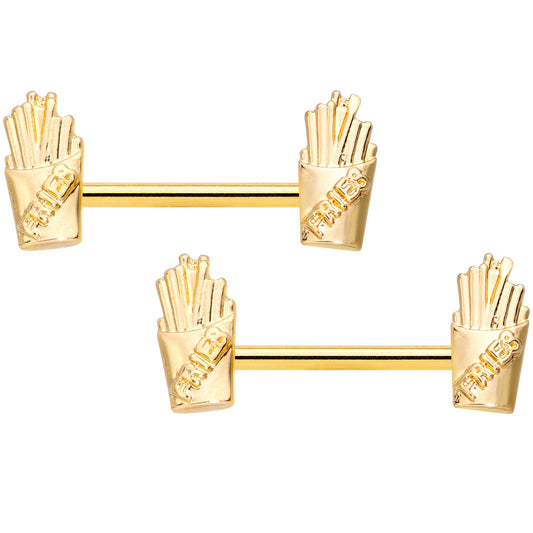 14G 9/16 Gold Tone Fast Food Fries Barbell Nipple Ring Set