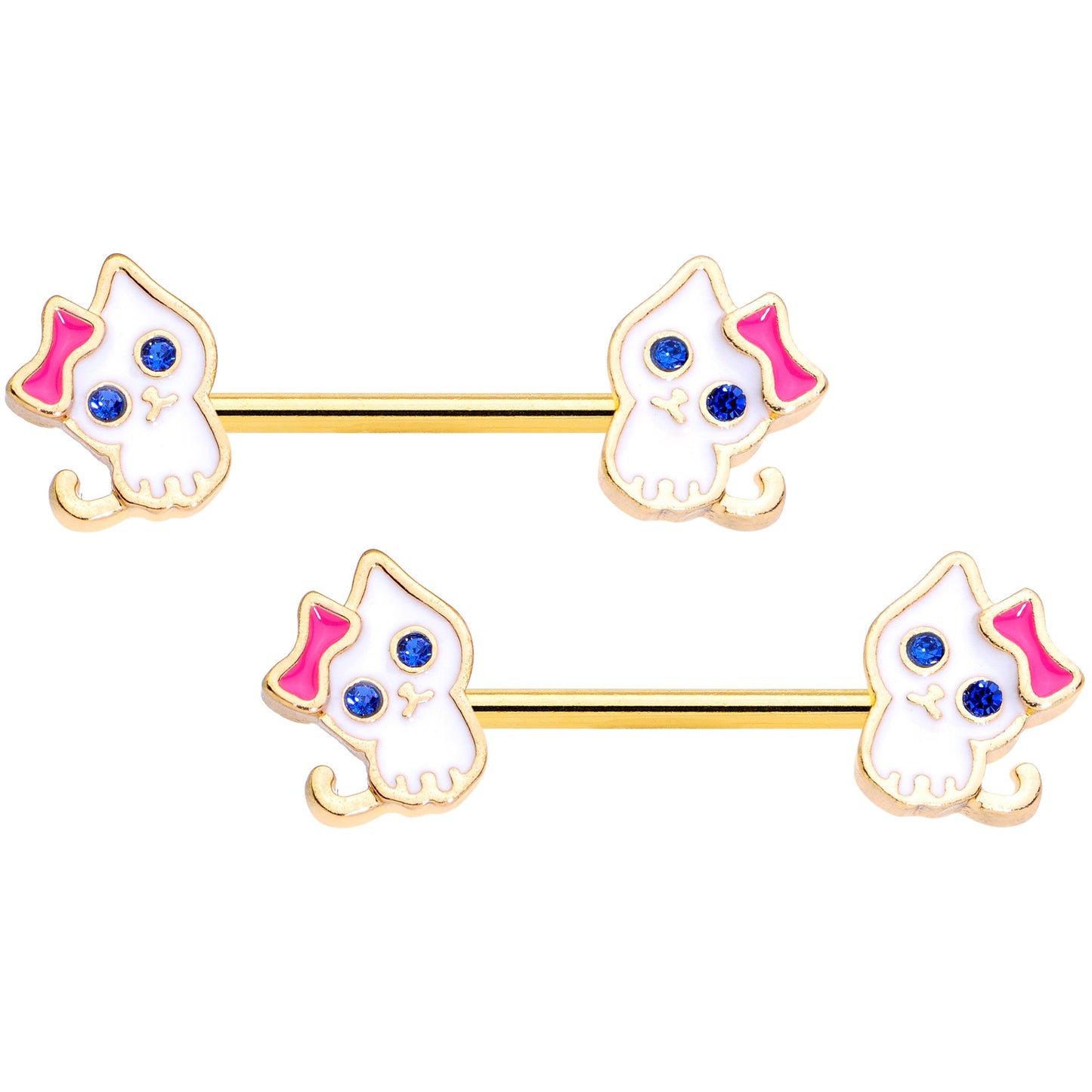 14G 9/16 Blue Gem Gold Tone Kitty Cat Barbell Nipple Ring Set