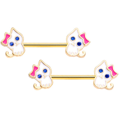 14G 9/16 Blue Gem Gold Tone Kitty Cat Barbell Nipple Ring Set