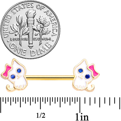 14G 9/16 Blue Gem Gold Tone Kitty Cat Barbell Nipple Ring Set