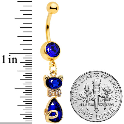 Clear Blue Gem Gold Tone Classy Cat Dangle Belly Ring