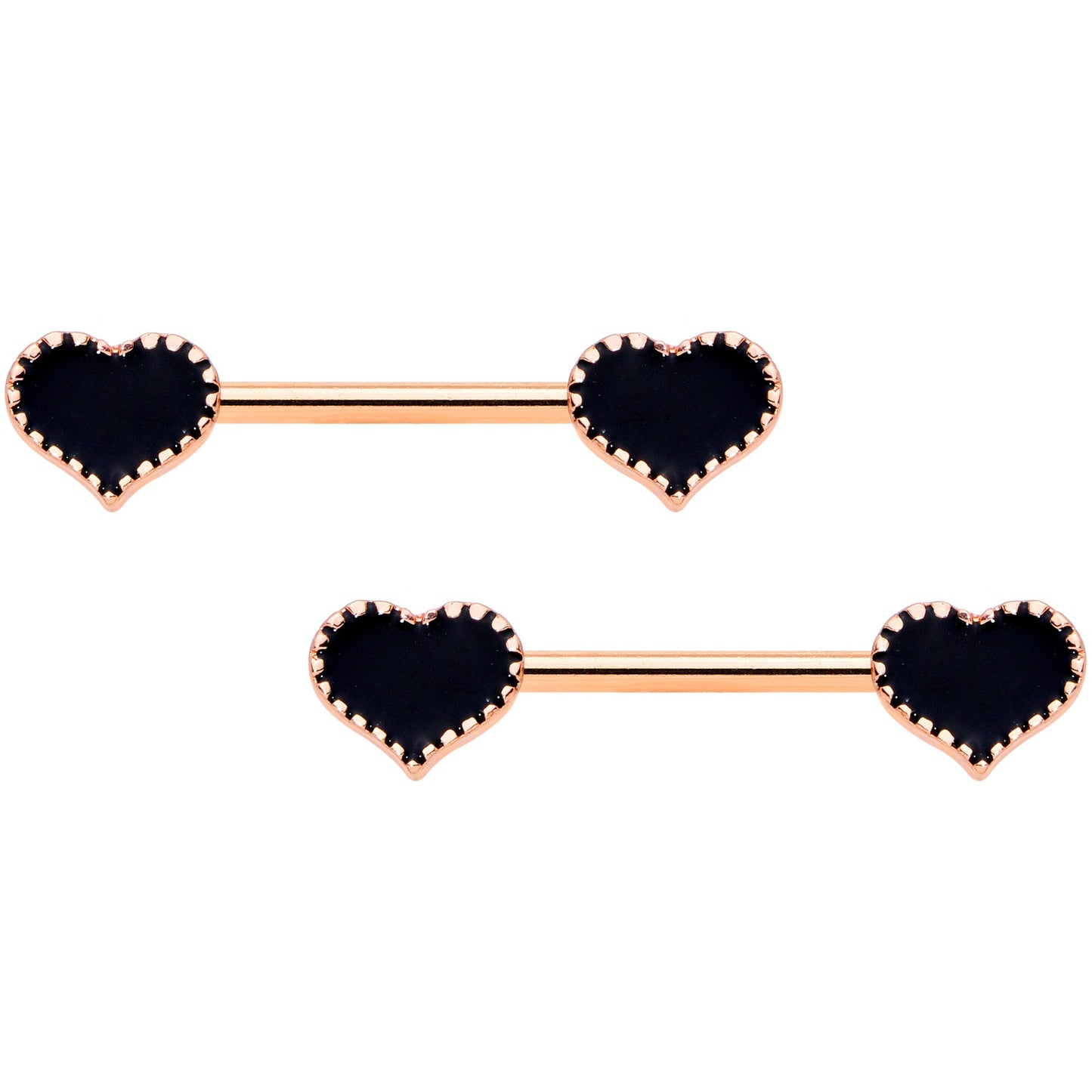 14G 9/16 Rose Gold Tone Black Heart Barbell Nipple Ring Set