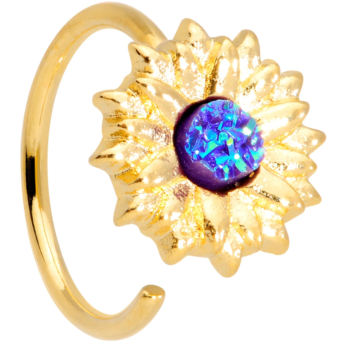 18G 3/8 Gold Tone Blue Center Sunflower Nose Hoop
