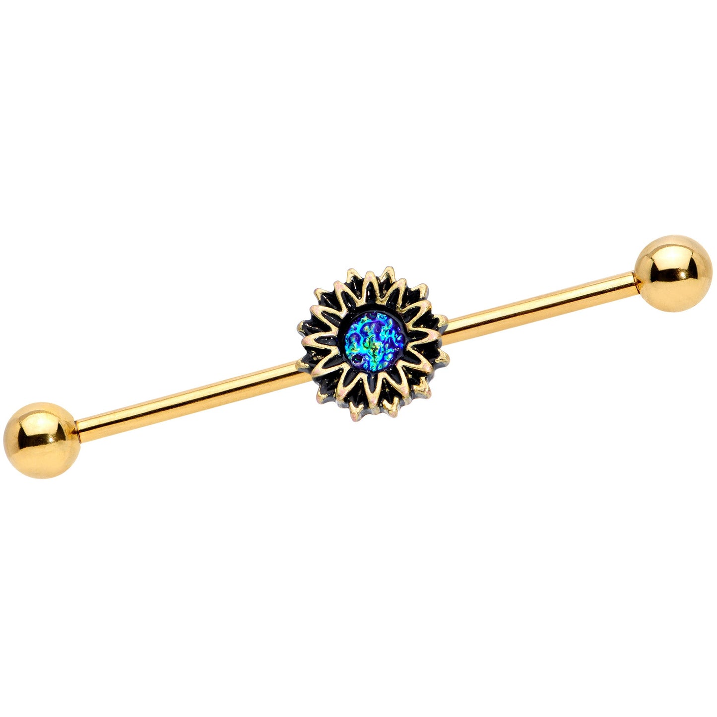 14G Aqua Gem Gold Tone Sunburst Flower Industrial Barbell 38mm