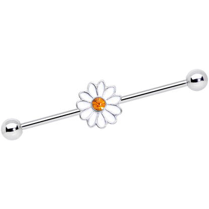 14G Yellow Gem White Daisy Flower Industrial Barbell 38mm
