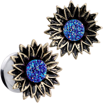 Blue Faux Druzy Sunburst Flower Double Flare Plug Set 2G to 1"