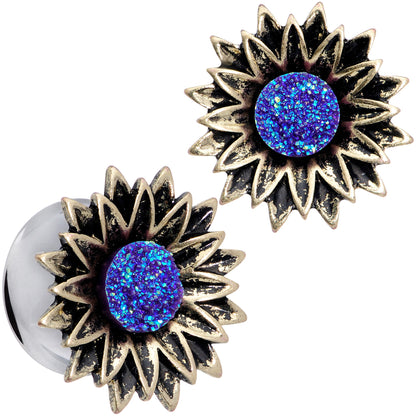 Blue Faux Druzy Sunburst Flower Double Flare Plug Set 2G to 1"