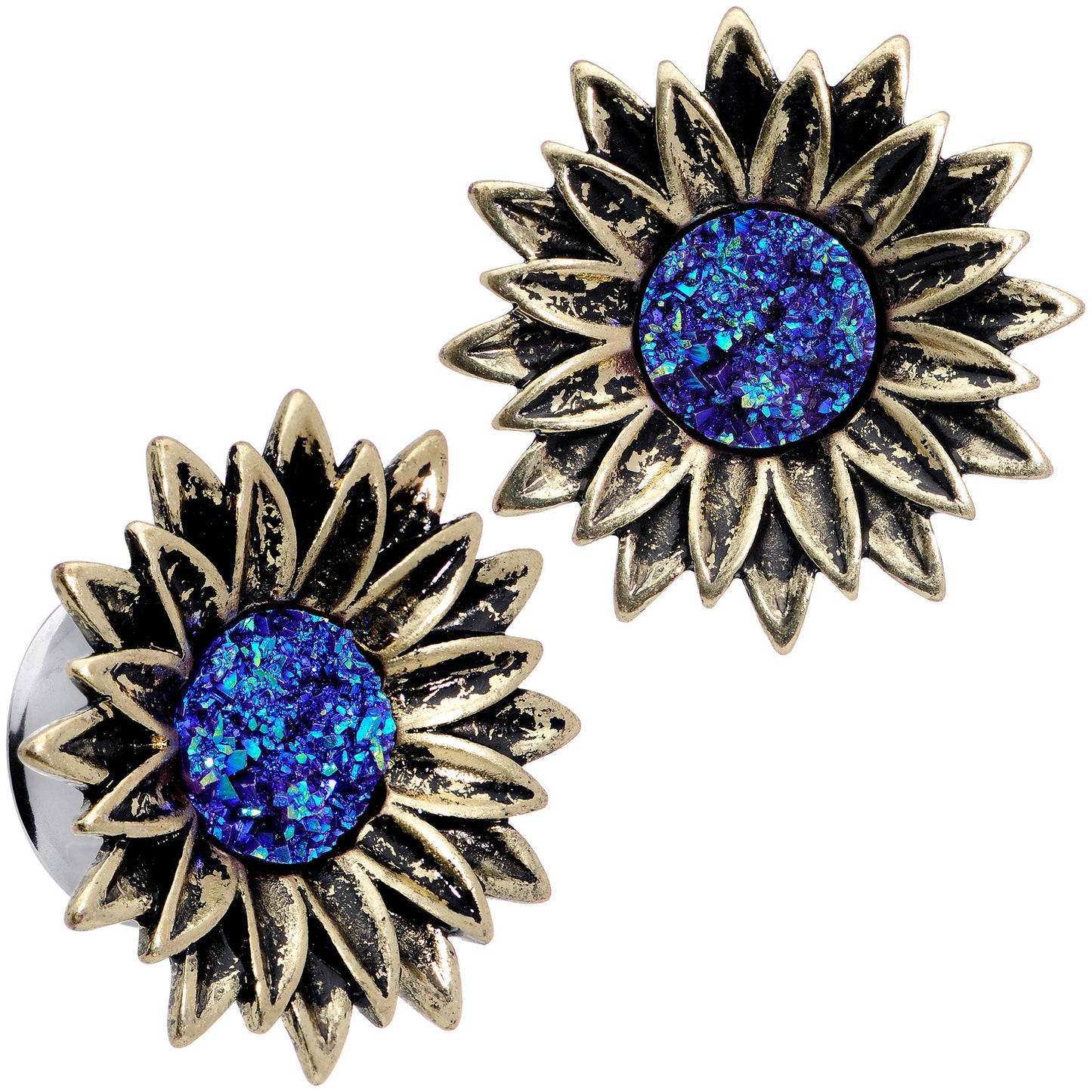 Blue Faux Druzy Sunburst Flower Double Flare Plug Set 2G to 1"