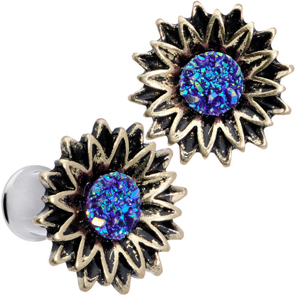 Blue Faux Druzy Sunburst Flower Double Flare Plug Set 2G to 1"