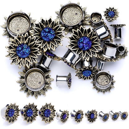 Blue Faux Druzy Sunburst Flower Double Flare Plug Set 2G to 1"
