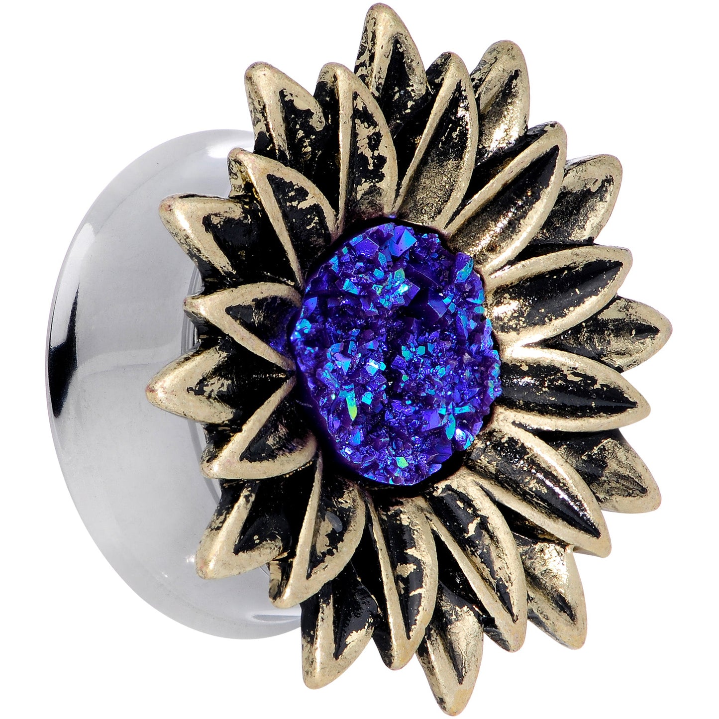 Blue Faux Druzy Sunburst Flower Double Flare Plug Set 2G to 1"