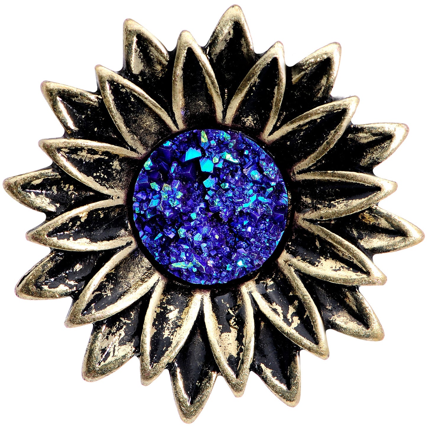 Blue Faux Druzy Sunburst Flower Double Flare Plug Set 2G to 1"