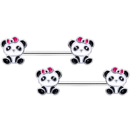 14G 9/16 Black White Precious Panda Barbell Nipple Ring Set