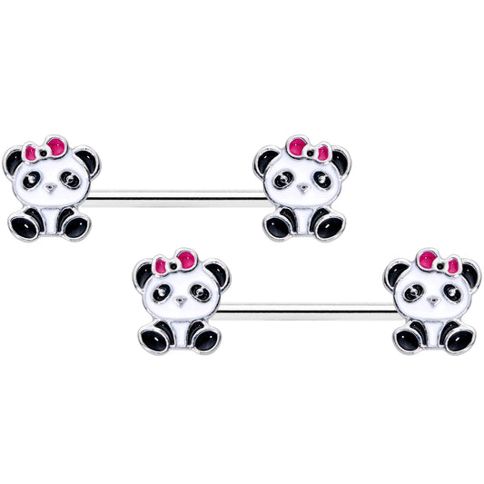 14G 9/16 Black White Precious Panda Barbell Nipple Ring Set