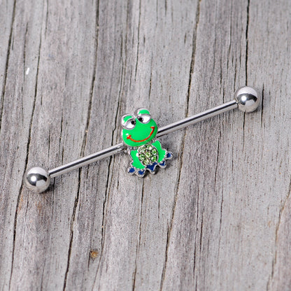 14G Green Gem Green Goofy Frog Industrial Barbell 38mm