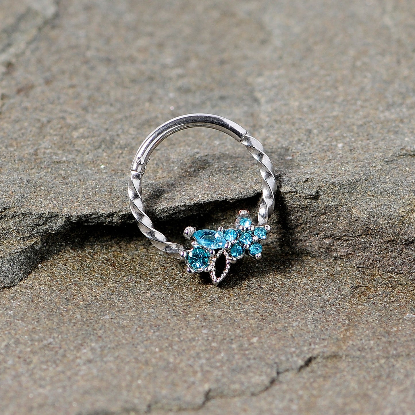 16G 3/8 Aqua Gem Star Twisted Hinged Segment Ring