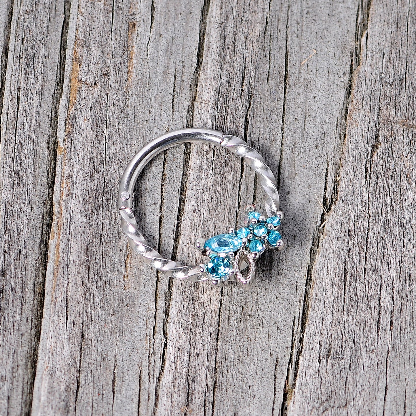 16G 3/8 Aqua Gem Star Twisted Hinged Segment Ring
