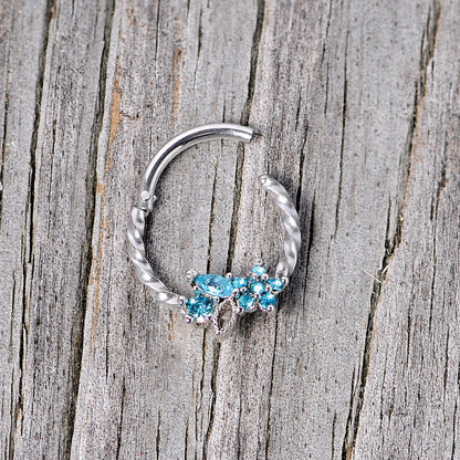 16G 3/8 Aqua Gem Star Twisted Hinged Segment Ring