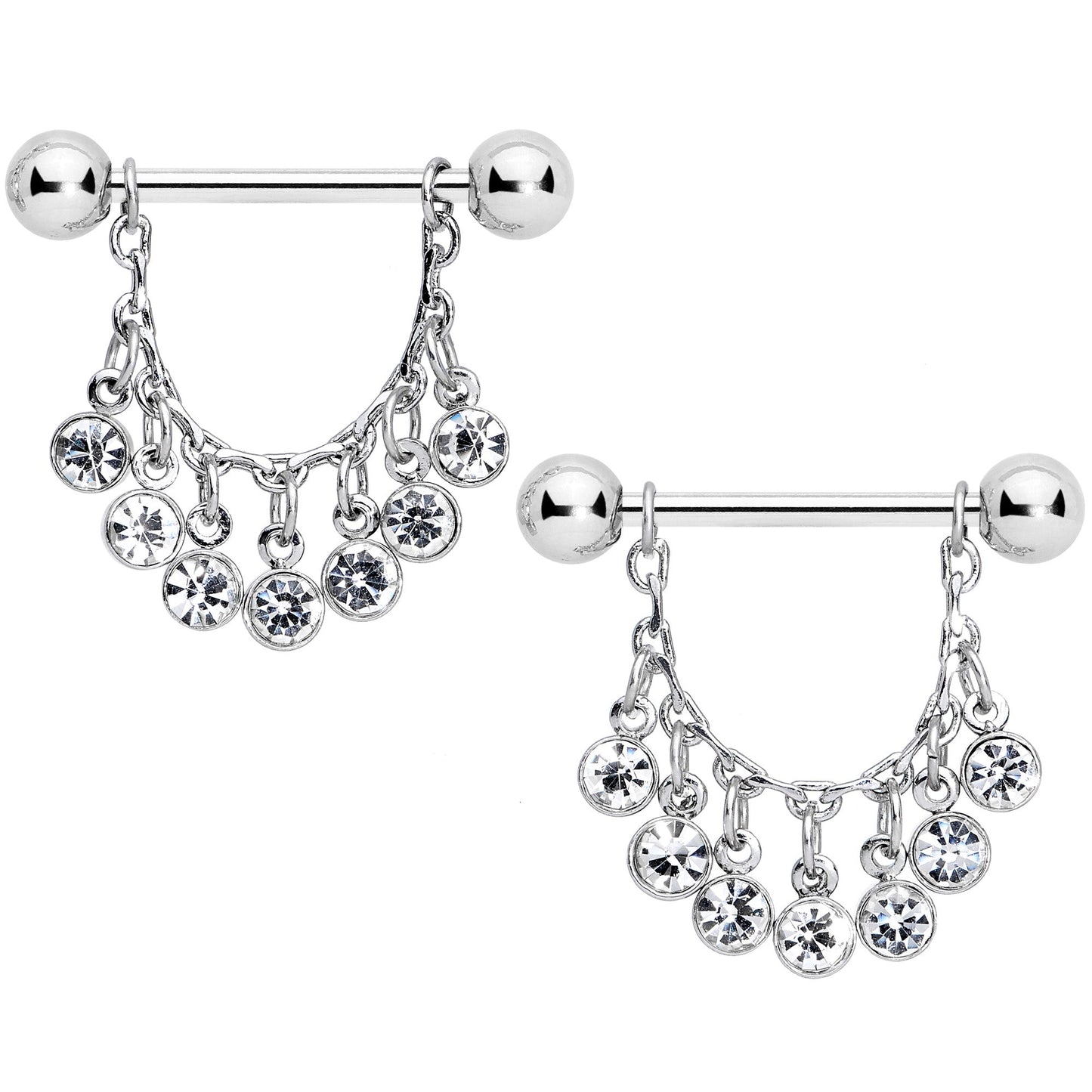 14G 5/8 Clear Gem Fringe Dangle Barbell Nipple Ring Set