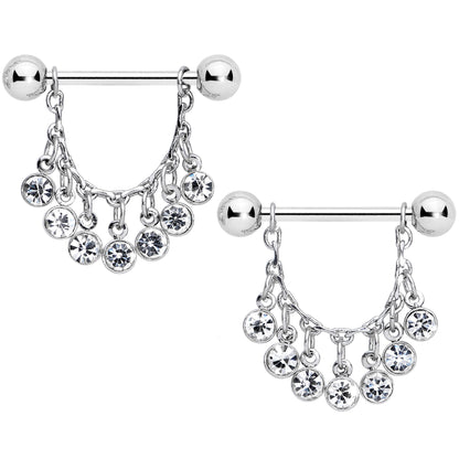 14G 5/8 Clear Gem Fringe Dangle Barbell Nipple Ring Set