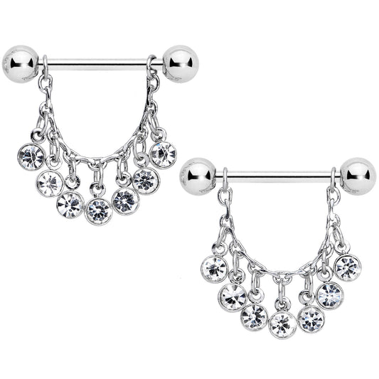 14G 5/8 Clear Gem Fringe Dangle Barbell Nipple Ring Set