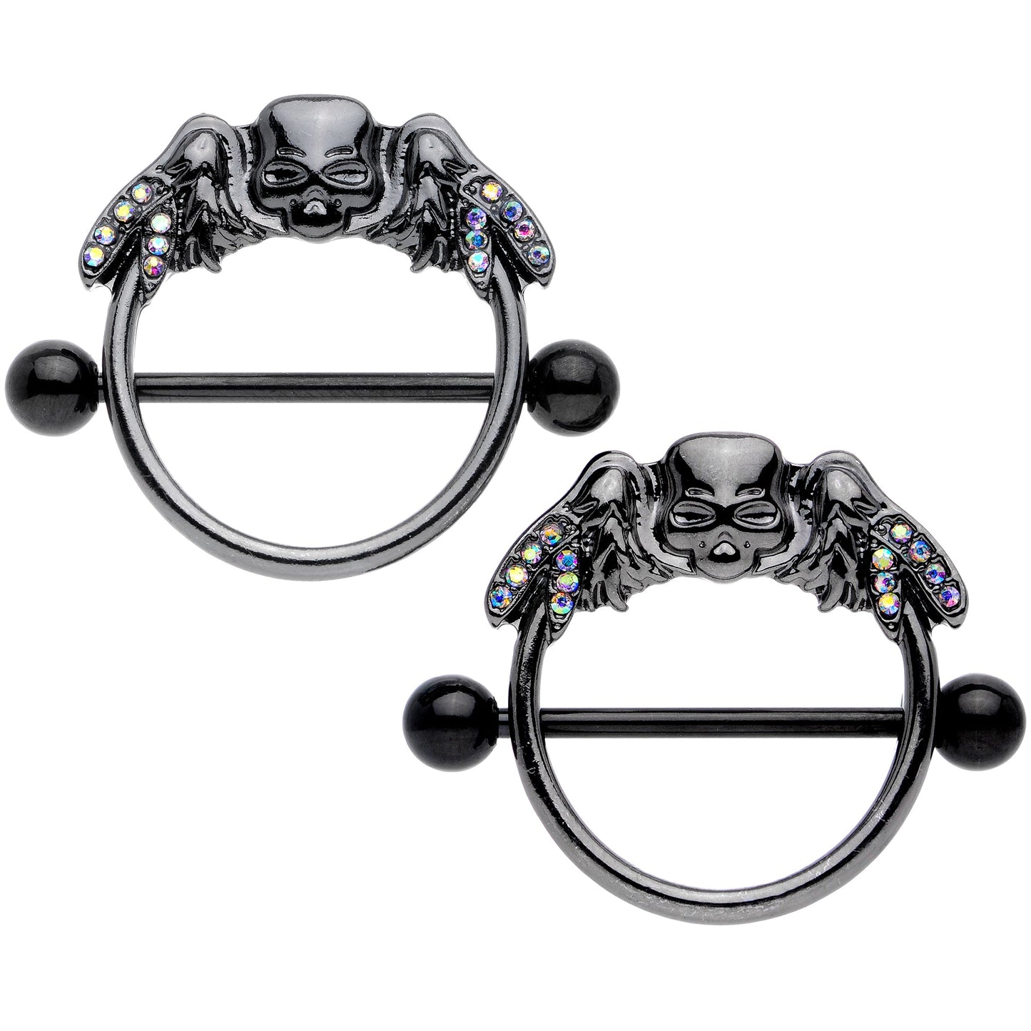 14G 7/8 Aurora Gem Black Winged Skull Halloween Nipple Shield Set