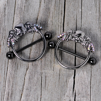 14G 7/8 Aurora Gem Black Winged Skull Halloween Nipple Shield Set
