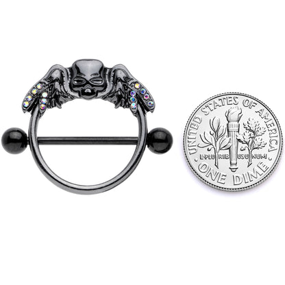 14G 7/8 Aurora Gem Black Winged Skull Halloween Nipple Shield Set