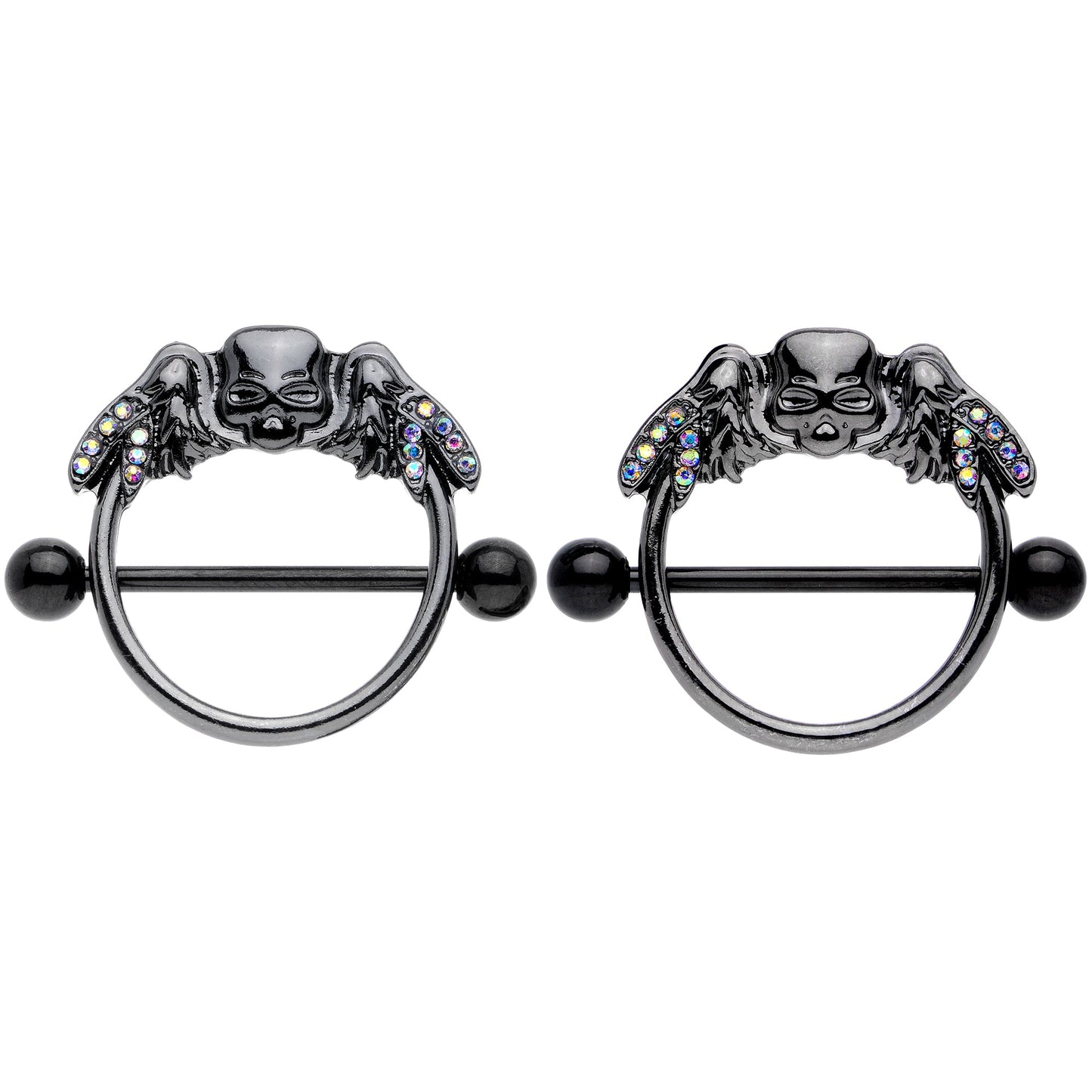 14G 7/8 Aurora Gem Black Winged Skull Halloween Nipple Shield Set
