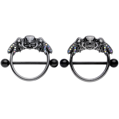 14G 7/8 Aurora Gem Black Winged Skull Halloween Nipple Shield Set