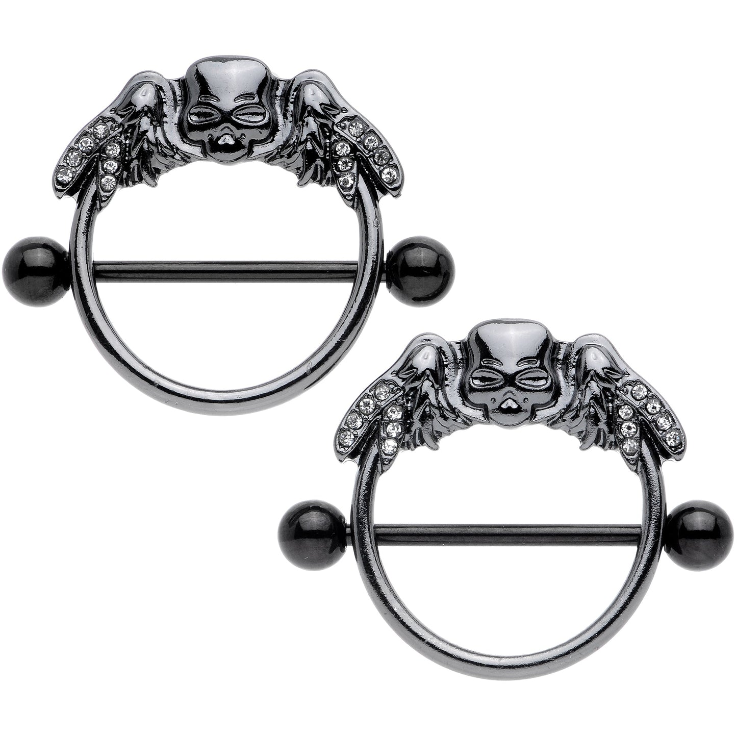 14G 7/8 Clear Gem Black Winged Skull Halloween Nipple Shield Set