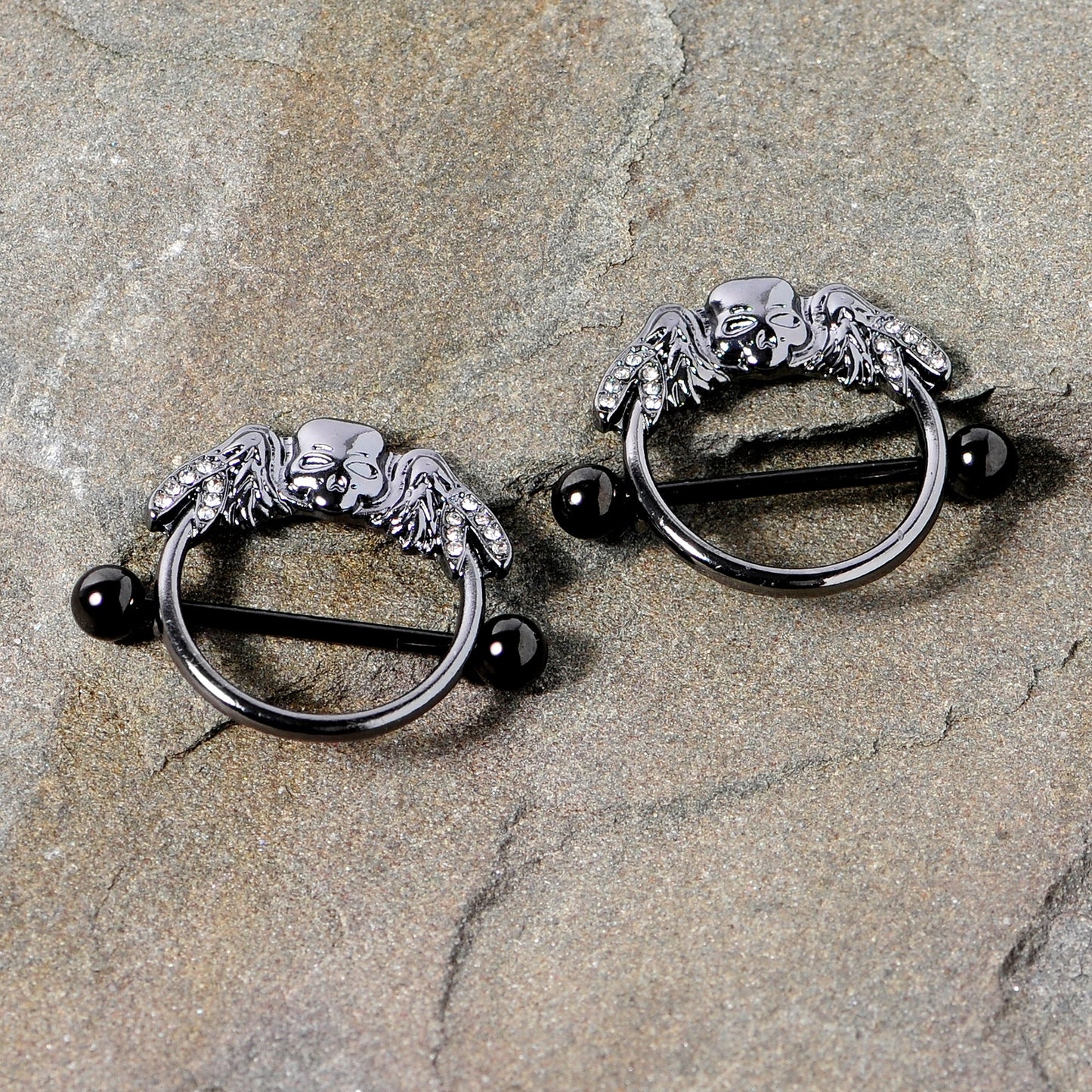 14G 7/8 Clear Gem Black Winged Skull Halloween Nipple Shield Set