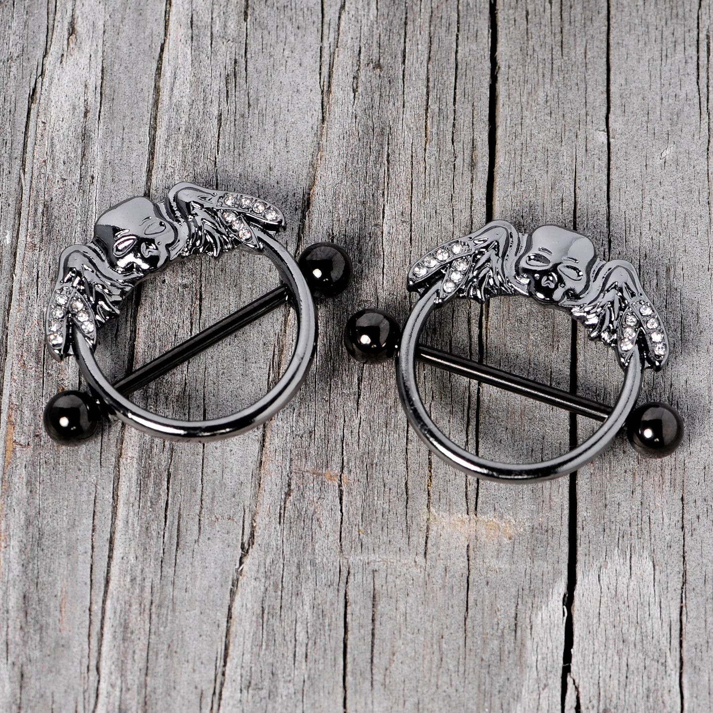 14G 7/8 Clear Gem Black Winged Skull Halloween Nipple Shield Set