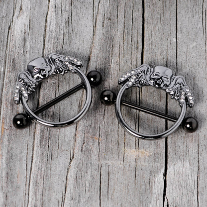 14G 7/8 Clear Gem Black Winged Skull Halloween Nipple Shield Set