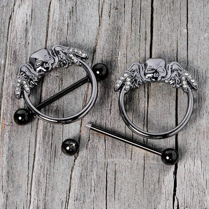 14G 7/8 Clear Gem Black Winged Skull Halloween Nipple Shield Set