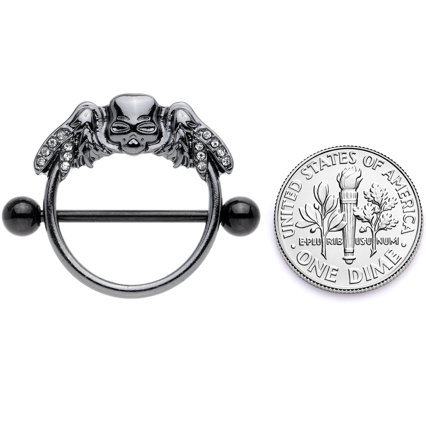 14G 7/8 Clear Gem Black Winged Skull Halloween Nipple Shield Set