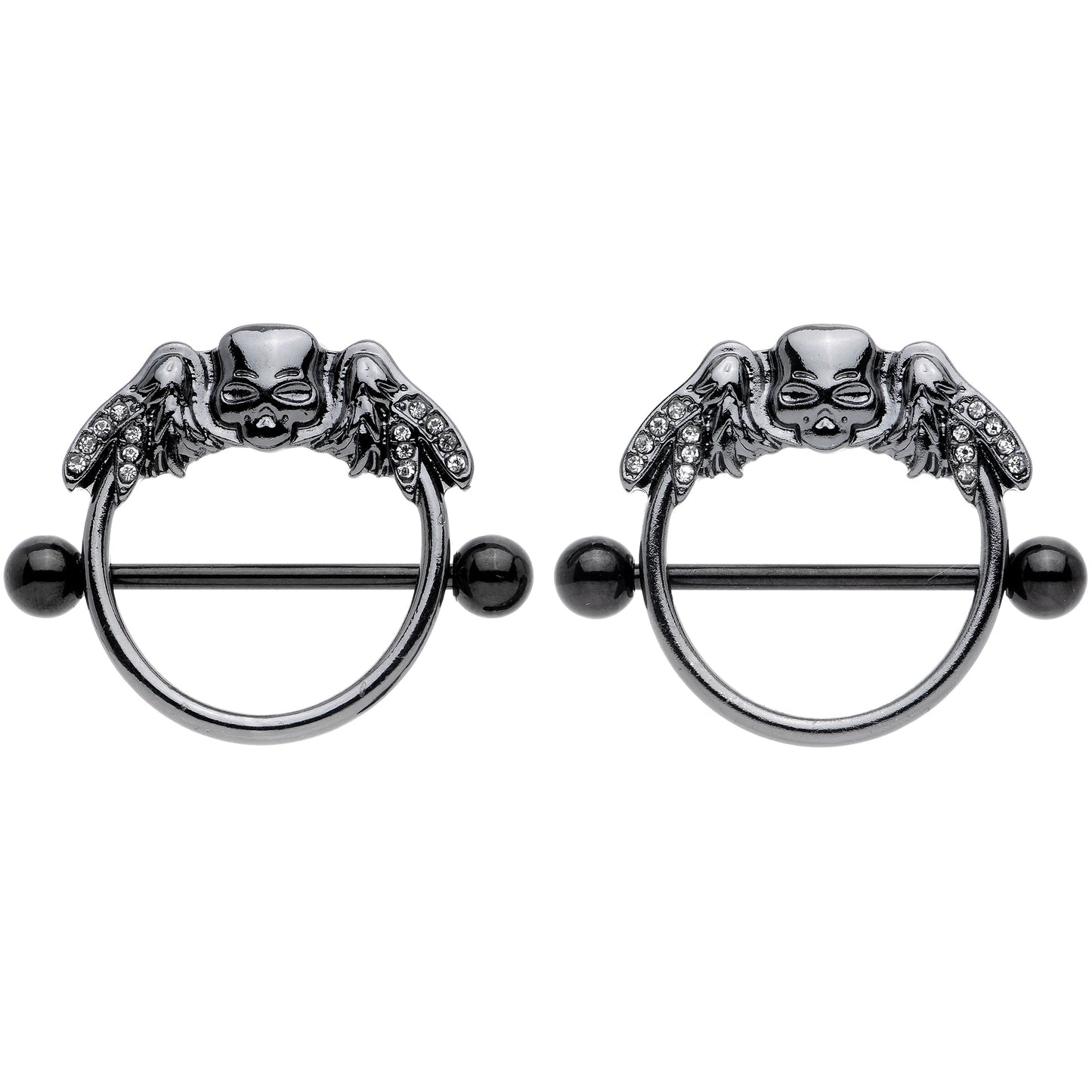 14G 7/8 Clear Gem Black Winged Skull Halloween Nipple Shield Set