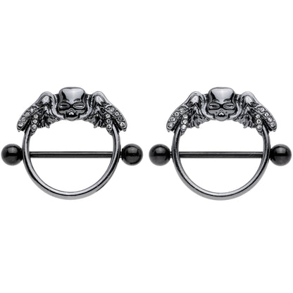14G 7/8 Clear Gem Black Winged Skull Halloween Nipple Shield Set