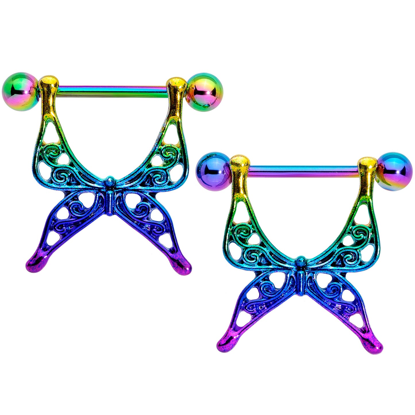 14G 9/16 Rainbow Swirly Butterfly Nipple Shield Set